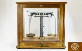 Antique Scales In Wood and Glass Box. Ma