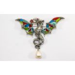 Silver Enamel Dragon Brooch with pearl d