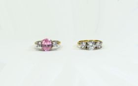 " Tru Diamonds " Two Gilt Metal Dress Rings Set With Faceted Crystal Stones,
