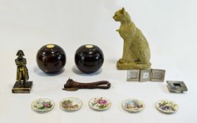 Mixed Collection Comprising 2 Crown Green Bowls, Figural Cow Head Can Opener, Brass Napoleon Figure,