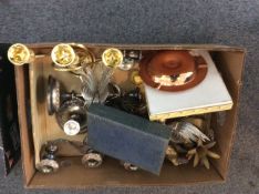 Box of Assorted Collectables including brass ware, candleabra, flatware and decorative bird figures.