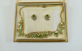 Pale Green and AB Crystal Necklace and Earrings Set, octagon cut pale green crystals set in loops