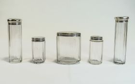 Edwardian - Ladies Matched Set of Silver Topped Glass Dressing Table Jars ( 5 ) In Total.