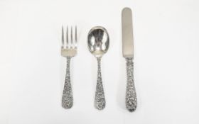Antique Sterling Silver - Children's 3 Piece Christening Set. Comprises Knife, Fork and Spoon.