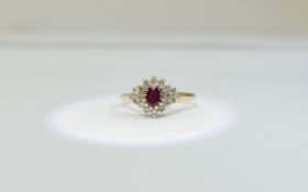 9ct Gold Diamond and Ruby Cluster, central ruby surrounded by round cut diamonds, fully hallmarked,