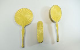 Art Deco Yellow Enamel and Silver Ladies 3 Piece Vanity Set of Excellent Condition and Quality.