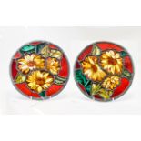 Pair Of Painted Stained Glass Leaded Rondels/Roundels Floral Aesthetic Decoration c1900,