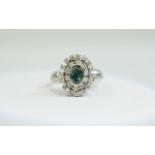 18ct White Gold Diamond Cluster Ring central oval green faceted stone (Possibly Russian
