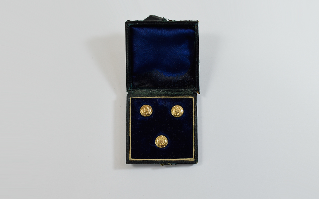 Antique Boxed Set of 3 9ct Gold Studs with Chased Floral Decoration. Fully Hallmarked.