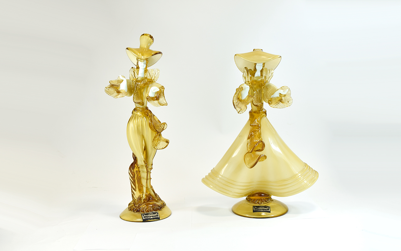 Murano - Venetian Glass Company Pair of 1960's Handmade Courtiers Figurines with Venetian Glass