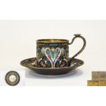 Russian Very Fine Silver Gilt and Cloisonne Enamel Cup and Saucer and Spoon.