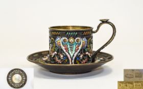 Russian Very Fine Silver Gilt and Cloisonne Enamel Cup and Saucer and Spoon.