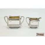 George V Good Quality Pair of Matching Silver Milk Jug and Sugar Bowl with Ribbed Lower Body,