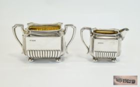 George V Good Quality Pair of Matching Silver Milk Jug and Sugar Bowl with Ribbed Lower Body,