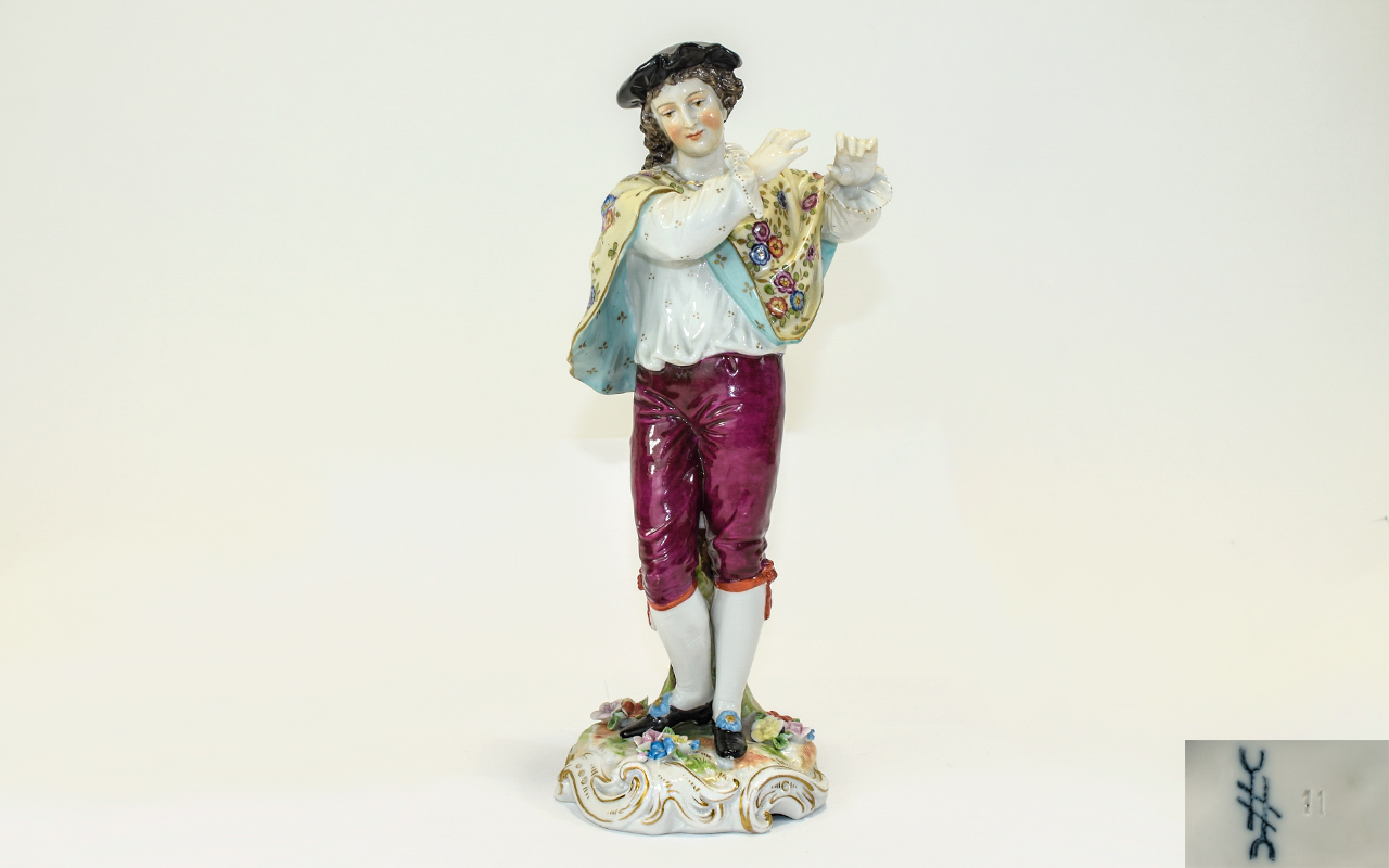 Volkstedt - Fine Hand Painted Porcelain Figurine ' Male Musician ' In Pristine Condition. c.