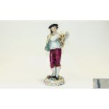 Volkstedt - Fine Hand Painted Porcelain Figurine ' Male Musician ' In Pristine Condition. c.