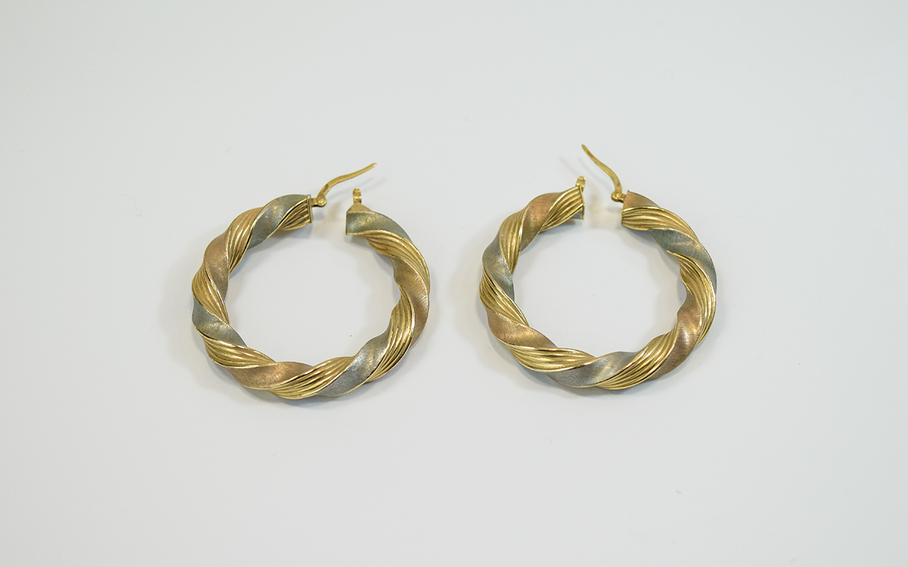 Ladies - Pair of 9ct Multi Coloured Gold Hoop Earrings. Fully Hallmarked. 7.2 grams. Each 1.