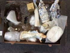 Box of Assorted Glass Ware and Ceramics including Queen Victoria commemorative plate and figurines.