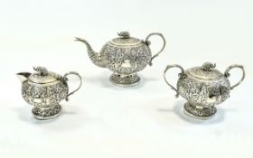 Anglo Indian Late 19th Century Finely Handmade Silver Singles 3 Piece Tea Service with Profuse