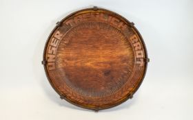 World War II German Prisoner of War Carved Wooden Circular Bread Board, In Arts and Crafts Style.