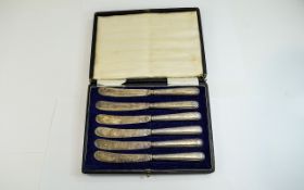 George V Boxed Set of Six Silver Handle Butter Knifes. Hallmark Sheffield 1919.