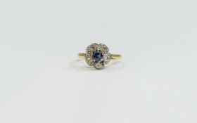 18ct Gold Sapphire And Diamond Ring Central Sapphire Surrounded By Five old Round Cut Diamonds,