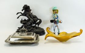 Assorted Items comprising Marley Horse Spelter Figure Group, Murano Glass Clown,