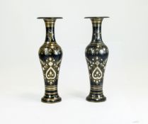 Pair of Persian Style Incised Metal Vases, the tall, narrow baluster bodies, flared to base and rim,