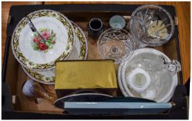 Box of Assorted Ceramics and Glass Ware including cake stand, Royal Crown Derby boxed item, Royal