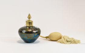 Royal Brierley Studio Lustre Glass Perfume Bottle, green, gold and pink lustre on a purplish blue