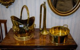 Collection Of Brass Items To include coal scuttle, two handled pan and horn.