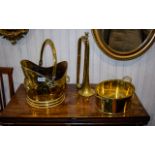 Collection Of Brass Items To include coal scuttle, two handled pan and horn.