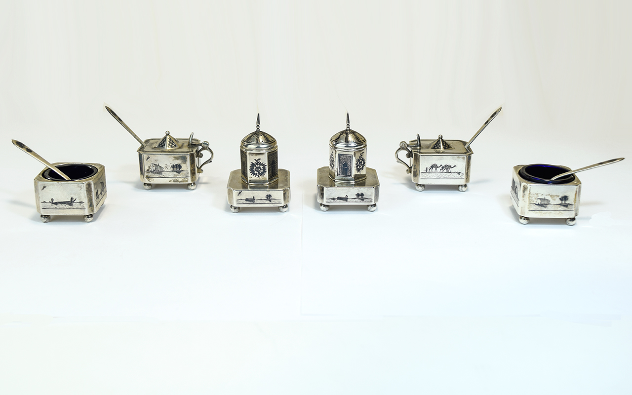 Antique - Islamic Niello - Solid Silver 6 Piece Cruet Set. c.1910 - 1920.