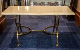 Marble Topped Brass X Frame Occasional Table Rectangular white marble topped low table with ornate