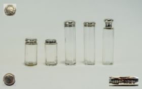 A Good Collection of Assorted Edwardian Silver Topped / Glass Pin Jars ( 5 ) In Total. Various