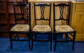 Dark Wood Bedside Chairs. Three in total, approx dimensions 35 inches in height, seat pad 15