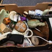 Box of Assorted Collectables including clocks, telephone, character jug, vases,