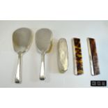 Art Deco - Silver 4 Piece Ladies Vanity Set, Comprises Hand Mirror, Hand Brush,