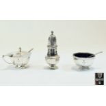 Goldsmiths and Silversmiths Top Quality 3 Piece Condiment Set In Solid Silver. Hallmark London.