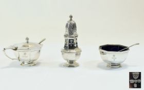 Goldsmiths and Silversmiths Top Quality 3 Piece Condiment Set In Solid Silver. Hallmark London.