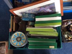 Box of Assorted Pottery to include Masons cabinet plates, old tins,