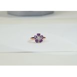 Amethyst Flower Ring, five heart cut amethysts set in rose gold vermeil and silver,