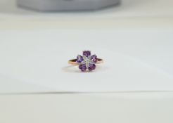 Amethyst Flower Ring, five heart cut amethysts set in rose gold vermeil and silver,