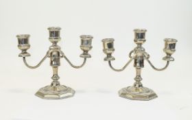 Pair Of Silver Plate Squat Candlesticks Three armed candlesticks on octagonal base.