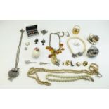 Box of Costume Jewellery including an amber piece and crystal chain necklace,