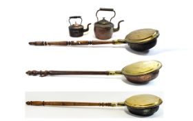 Collection of Brass Ware comprising three Brass Bed Warming Pans and two kettles.