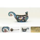 Russian Superb Quality Silver Gilt and Cloisonne Enamel Kovsh and Spoon.