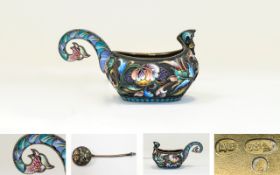 Russian Superb Quality Silver Gilt and Cloisonne Enamel Kovsh and Spoon.