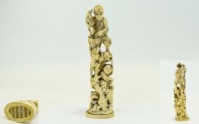 Japanese - Late 19th Century Very Fine Carved Ivory Sculpture of Multiples Figures and Mythical