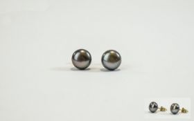 A Fine Pair of 9ct Gold Set Cultured Black Pearl Earrings. Fully Hallmarked For 9ct Gold.